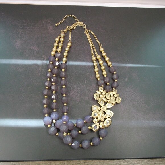 VTG Inspired 3 Strand Statement Necklace with Large 3D Offset Sparkling Flower - Picture 8 of 9